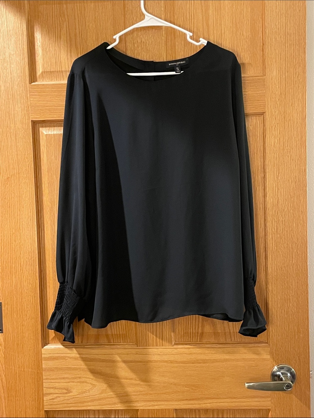 Banana Republic Black Long-Sleeve Blouse with Smocked Ruffle Cuffs